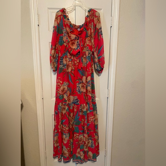 FLORAL LONG SLEEVE RED MAXI DRESS- 1XL - Picture 3 of 6